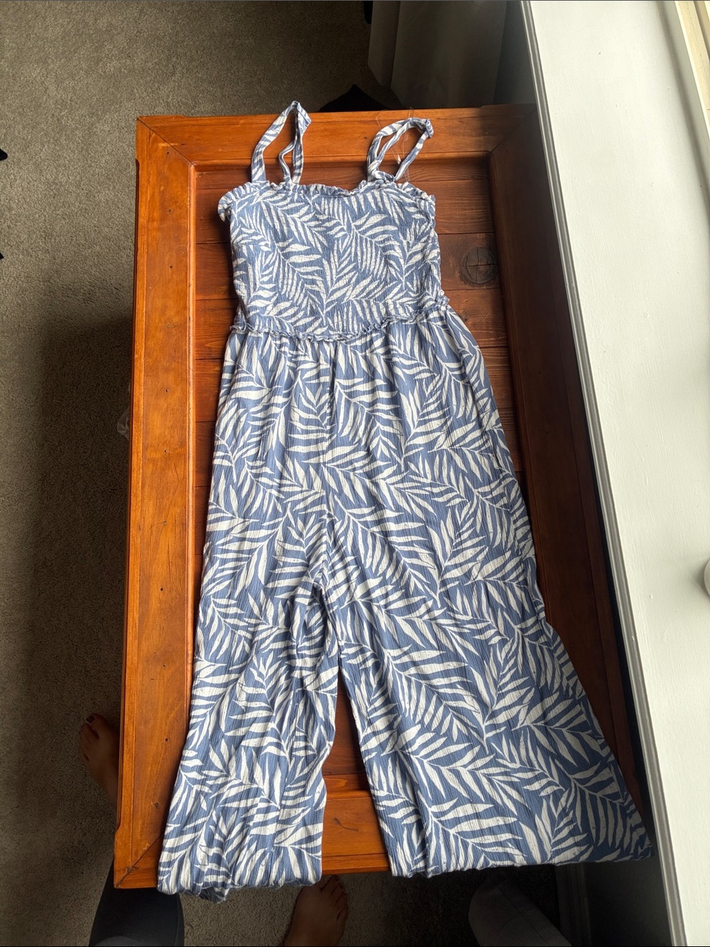 Angels Blue Leaf-Print Smocked Strap Jumpsuit